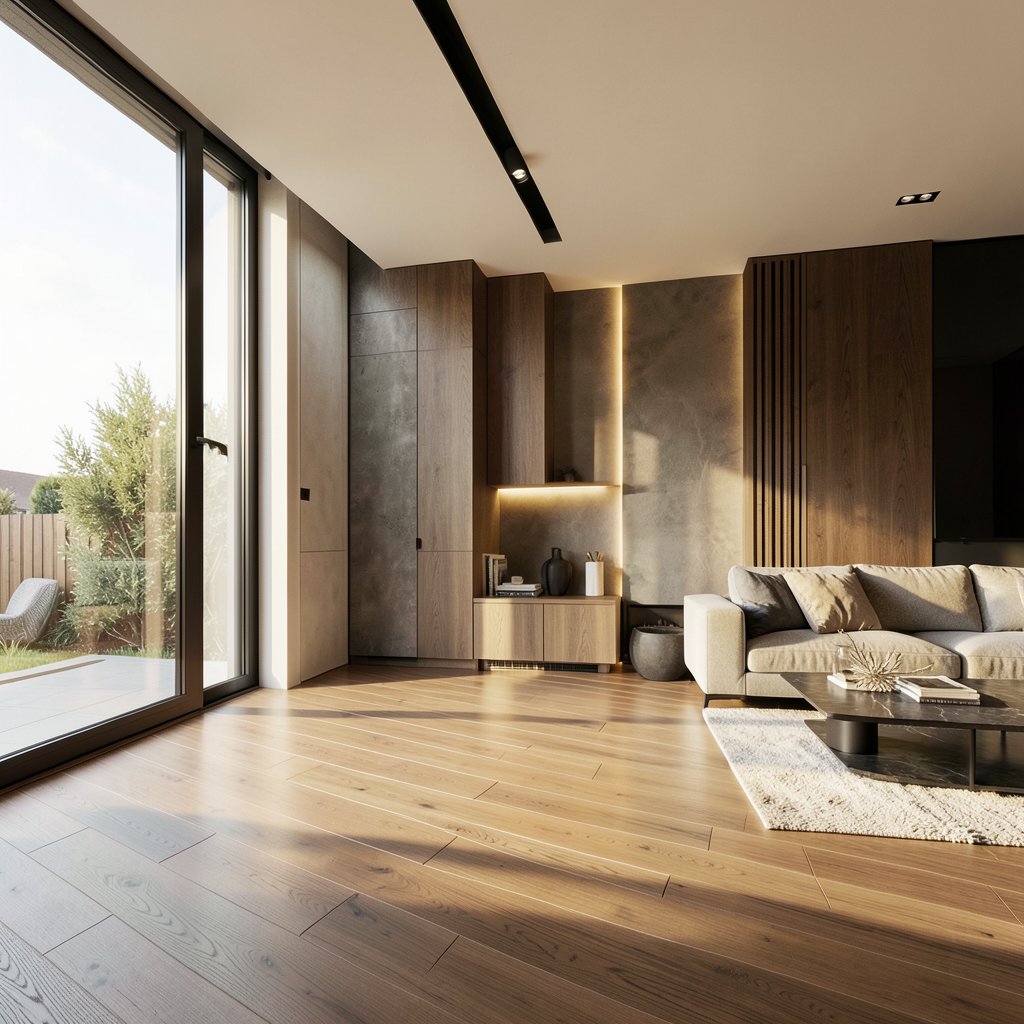 Ultra-modern interior with high-end wooden floor, warm natural light coming from a large window, architectural focus, premium materials, 16:9 aspect ratio.
